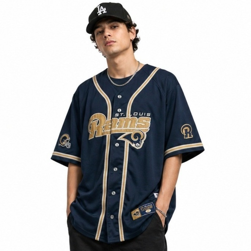 NFL St Louis Rams Baseball Jersey Navy Blue Gold Embroidered Button Up XL